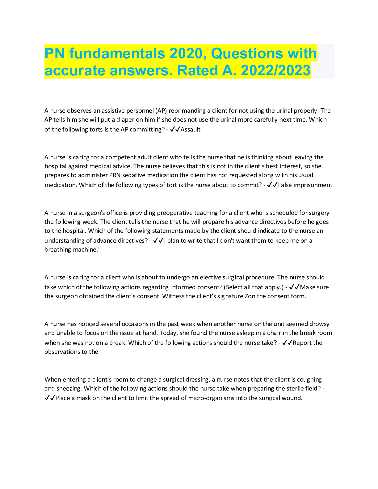 Preview image for PN fundamentals 2020, Questions with accurate answers. Rated A. 2022/2023